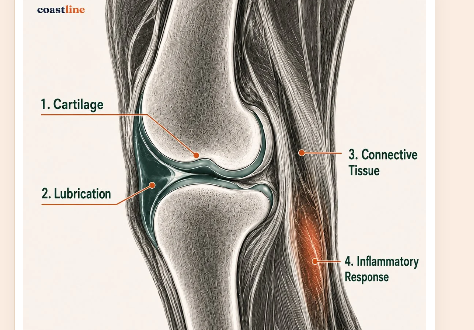 The four parts of a dog joint: cartilage, lubrication, connective tissue, and inflammatory response